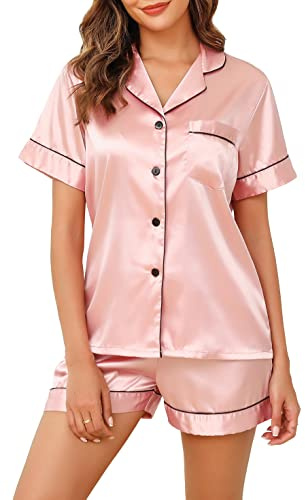 Lovasy Silkespyjamas för kvinnor, klassisk satinpyjamas med knäppning, tvådelad pyjamas för kvinnor, set, nattkläder, myskläder