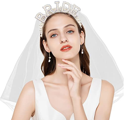 Bachelorette Tillbehör, Bröllop och slöja pannband Bachelorette Bride Tiara Pearl Slöja Brud Farväl för hönsfester, Brudgåvor, Singelfester