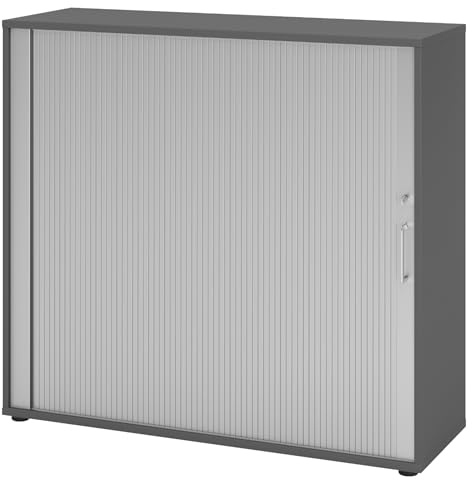 bümö Aktenschrank abschließbar mit Rollladen, Rollladenschrank für Ordner & Co. - Büroschrank mit Rollo, abschließbarer Ordnerschrank aus Holz in Graphit/Silber mit Bügelgriff