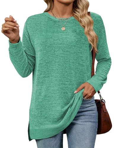 Cuptacc Pullover Damen Elegant Rundhalsausschnitt Langarm Tunika Farbabstimmung Pulli Damen 2024 Grün Groß L 42-44