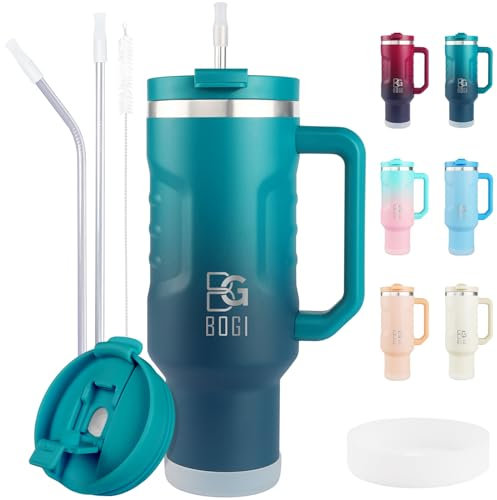 BOGI Becher mit Griff und Strohhalm, 2-in-1-Deckel, Edelstahlbecher mit Deckel und Strohhalm, auslaufsicher, isoliert, wiederverwendbar, Reise-Kaffeebecher, Becherhalter, freundlicher Reisebecher