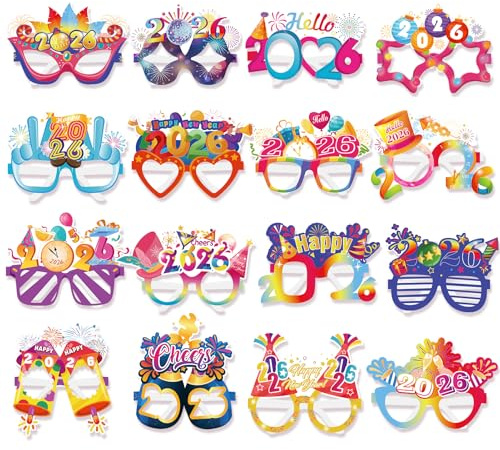 DPKOW 16 Stück Silvester Deko 2026 Bunt Silvester Brille 2026 Happy New Year Brille Papier Partybrille Foto Requisiten Silvester Accessoires für Deko Silvester Party 2026 Neujahr Deko Silvesterdeko