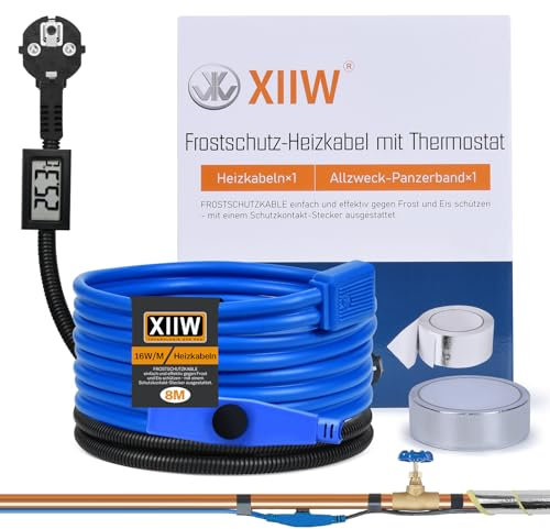 8M Frostschutz Heizkabel mit Thermostat und Temperaturanzeige, 230V Heizleitung Rohrbegleitheizung 16W/M für Wasserleitung, Wasserdicht Begleitheizung Heizkabel für Rohrleitungen