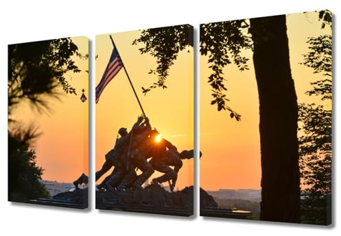 3 Panel Wall Art Decor Modern House Canvas Art Marine Corps Member Sculpture Poster Prints on Canvas Sunset Shadow Picture for Boys Room Home Wall Decor Stretched and Framed Ready to Hang 36x24 in