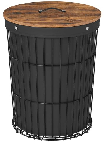 SONGMICS Wäschekorb mit Deckel, Wäschesammler rund, 95 L, Beistelltisch | herausnehmbarer Wäschesack, für Waschküche, Schlafzimmer, Wohnzimmer, tintenschwarz, STOUT Kollektion LCB160B01