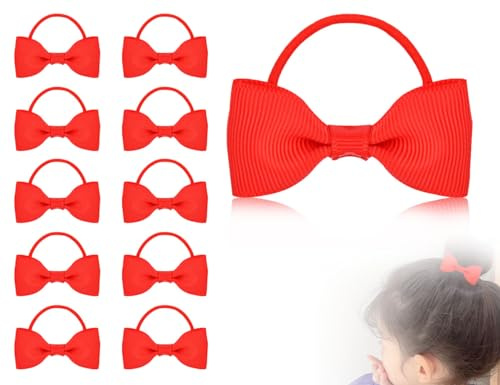 KAPSING Lot de 10 nœuds papillon pour cheveux pour bébé fille, mini élastiques, support élastique pour queue de cheval, accessoires de coiffure, pour bébés filles (rouge, 5,5 x 4 cm)