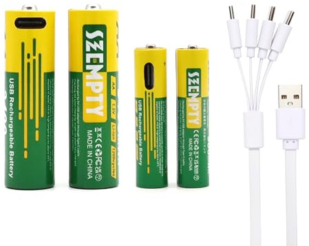 SZEMPTY 2 piles AA + 2 piles AAA rechargeables au lithium, 1,5 V Li-ion USB haute capacité AA 3400 mWh et AAA 900 mWh pour télécommande, jouets, claviers, etc., câble de charge de type C 4 en 1 inclus