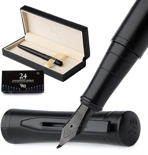 Wordsworth & Black Reservoarpennset, Böjd Spets, Inkluderar 24-Pack Bläckpatroner, Bläckpåfyllningskonverter Och Presentask, Kalligrafi, [Helsvart]