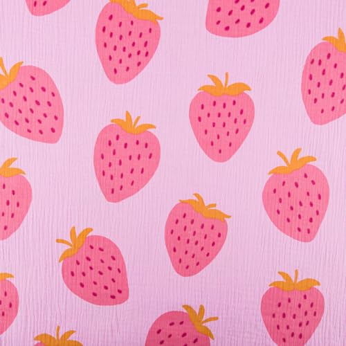 SCHÖNER LEBEN. Musselin Stoff Strawberries Erdbeeren groß hell lila pink 1,35m Breite