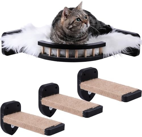 Coolex Cat Wall Shelves, Corner Cat Shelf with 3 Cat Wall Steps, Cat Shelves for Wall Large Cats Set, Cat Wall Bed with Plush Covered, Wall Mounted Cat Climbing Shelf for Indoor Cats (Black)