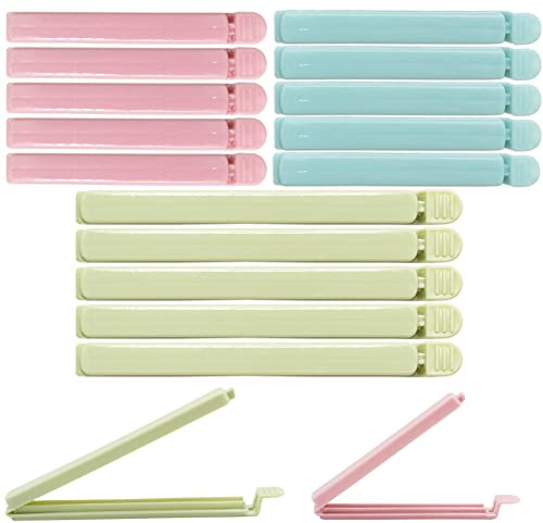 15-Piece Plastic Food Bag Clips - Reusable Sealing Clips for Snack, Coffee, Home, Kitchen, Travel, Camping (4.7in, 5.9in)