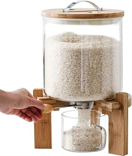 Airtight Rice Grain Storage Container with Lid and Wooden Stand 5L Cereal Dispenser with Measuring Cups Kitchen Rice Dispenser Box