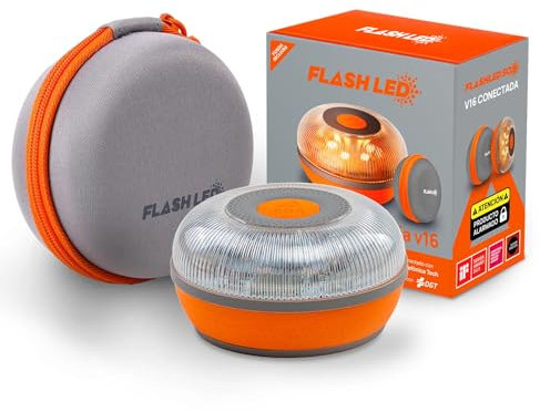 FlashLED Emergency Light V16 Approved DGT 3.0 with Case, with Geolocation, App Included, SIM Card and Free Data Service Until 2038, Magnetic Base