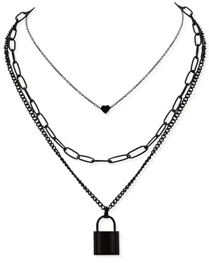 Hanary Women's Zinc Alloy & Stainless Steel Gothic Black Layered Necklace Heart & Lock Pendant, Y2K Emo Necklace
