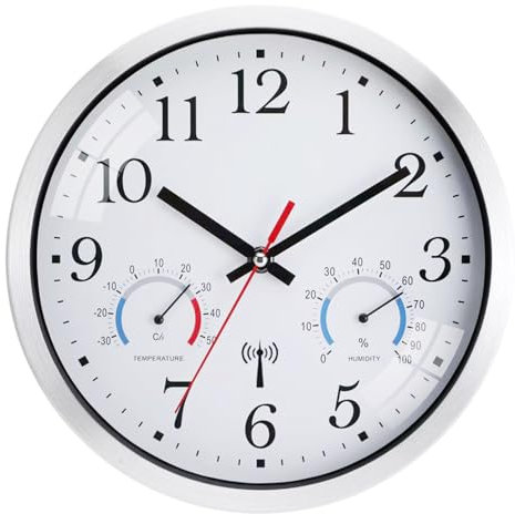 Ziprote Wall Clock, Radio Controlled Wall Clock with Temperature and Humidity Display, Kitchen Wall Clock, for Bedroom Living Room (White)