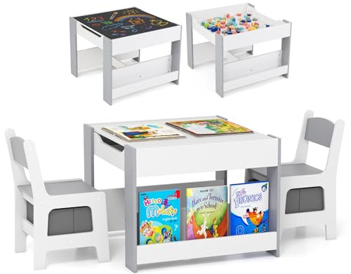 Maxmass 4 in 1 Toddler Table and Chair (White+Grey, 61x61x48cm)