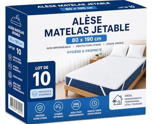 Alèse Matelas Jetable 80x190 cm - Housse de Protection Lit 1 Place - Paquet de 10 Alèses - Protection & Hygiène - Literie à Usage Unique - Anti Bactéries, Acariens, Allergies - Matelas Protégé