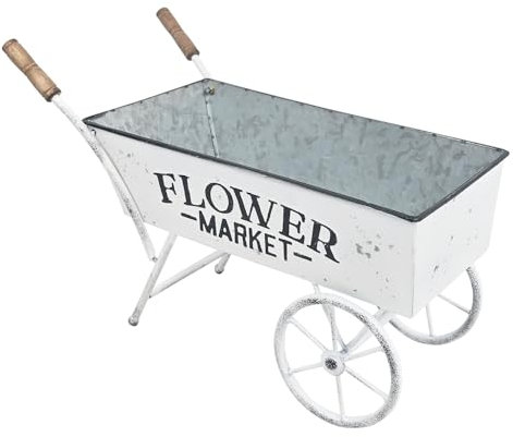 Z² BellaDecor 15 Inch Farmhouse Small Flower Cart with Wooden Handles Metal Wagon Planters for Outdoor Plants Decorative Wheelbarrow Plant Cart for Patio Garden Balcony White