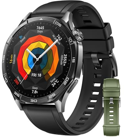 HUAWEI Watch GT 5 46mm Negro + Correa de Fluoroelastómero EasyFit 3 Verde Abeto(46mm), Deportes Alto Nivel, Seguimiento de Salud, ECG, 14 Días Duración, GPS, Llamada Bluetooth, iOS Android