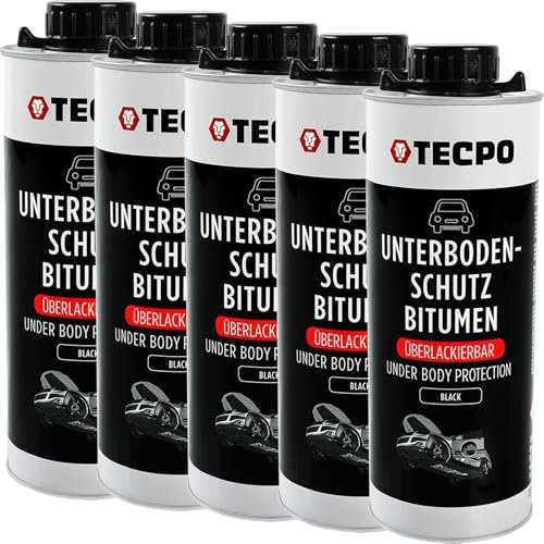 TECPO Protezione per sottoscocca bitume, 5 litri, verniciabile, colore nero, durevole, elastico in bomboletta di aspirazione, protezione per carrozzeria, protezione dai colpi di pietra, anticorrosione