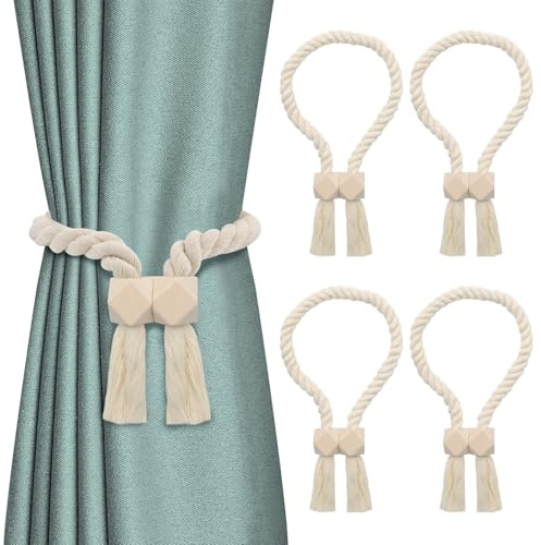 4 Stück Magnetische Raffhalter für Vorhänge, Beige Baumwollseilhalter im Naturstil für Wohnzimmer Schlafzimmer Büro, Minimalistisches Dekor