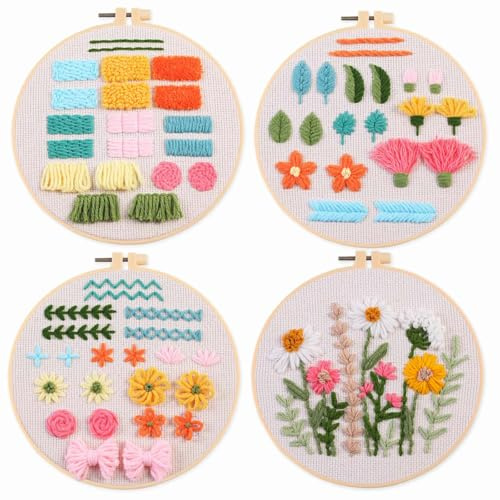 Myfelicity Punch Needle broderi-kit, 20 cm naturtema, 3 förtryckta mönster för vuxna, bomullstyg