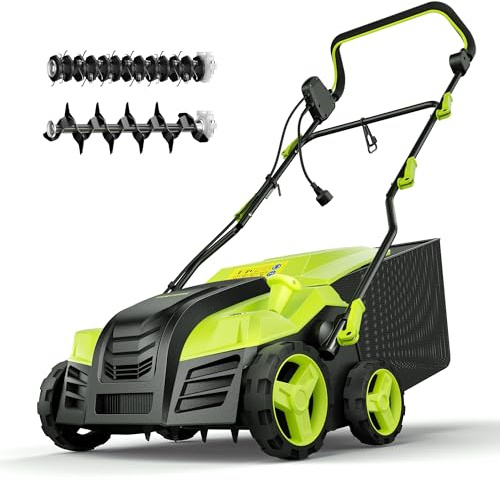 16-Inch Electric Dethatcher and Scarifier, YERYORK 2-in-1 Scarifier and Lawn Dethatcher with Powerful 15.5 AMP Motor 14.5Gal Collection Bag 5-Position Depth Foldable Handle for Lawns(Light Green)