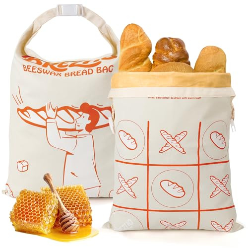 Brezlio Lot de 2 sacs à pain en cire d'abeille - Réutilisables - En coton - 32 x 43 cm - Extra larges - Pour garder le pain et les pâtisseries au frais (beige + blanc)