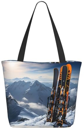 NBCCDVSH Skis on Mountain Sac fourre-tout réutilisable pour femme Sac d'épicerie Esthétique Sac de courses Sac à main de plage