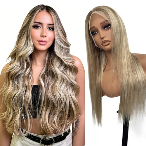 Pelucas de cabello humano con encaje frontal degradado de 13 x 6 pulgadas para mujer, color marrón ceniza a rubio, reflejos balayage, pelucas de cabello humano lacio HD de 18 pulgadas, densidad del