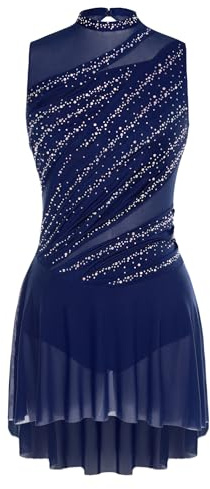 Oyolan Vestito da donna Pattinaggio Artistico Body Ginnastica Danza Strass senza maniche Vestito Danza Contemporanea S-XXL, E blu navy, S