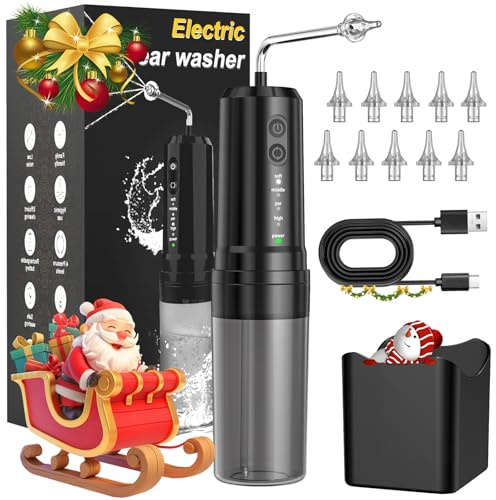 Lavrebu Ear Wax Removal Kit,USB Electric Water Powered Ear Cleaner with 10 Replaceable Tips,4 Cleaning Modes IPX7 Waterproof Ear Irrigation System Ear Flushing Cleaning Tool for Kids Adults Black