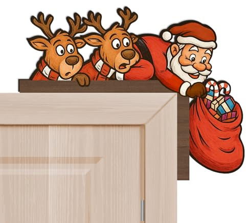 Happirra Türschmuck Weihnachten aus Holz, Weihnachtsdeko Tür Rentier & Weihnachtsmann Beidseitig Bedruckt, Creative Weihnachten Deko Türecke für Türrahmen, Bilderrahmen, Fenster, Kamin, Kühlschrank