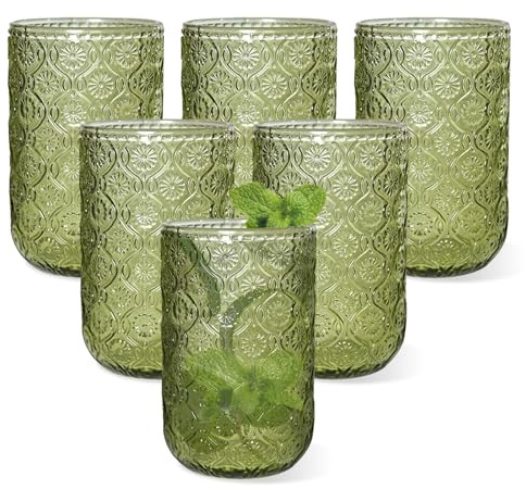 CHLJAR Green Vintage Drinking Glasses Set of 6, 400 ml hobnail drinking glasses Glassware Embossed Green Water Tumbler for Beer, Juice, Cocktail, Whiskey, Milk(B-Grün)