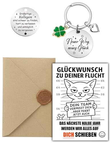 FIDWALL Abschiedsgeschenk Kollegen – Lustige Abschiedskarte mit Umschlag und Schlüsselanhänger Kleeblatt, Karte Abschied Kollege Kollegin Lehrer Erzieherin, Geschenk Jobwechsel Ruhestand Danke
