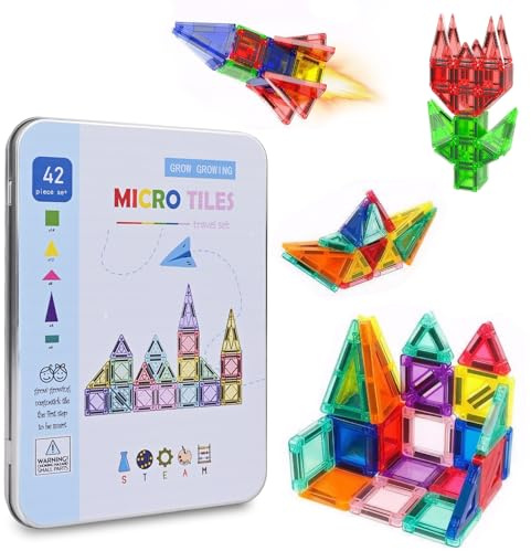 Construction Magnetique Enfant, Jouet de Voyage pour Enfants, Jeux Magnetique Enfant avec Boîte Rangement Métal Portable, Cadeaux d'anniversaire de Noël pour 3-10 Ans Filles Garcons (42PCS)