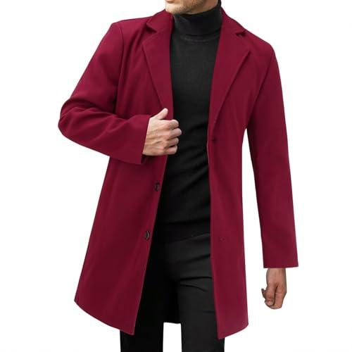Vinterrock herr lång ull, utomhus trenchcoat herr termojacka enfärgad trenchcoat ledig ullrock vandring vindjacka fritid höstrock vindtät vinterrockar med krage parkas, vin, 5XL