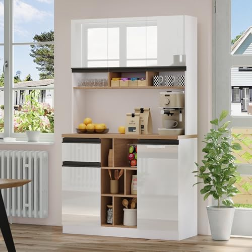 Juabett Küchenschrank 105×45×185 cm, Küchenbuffet Buffetschrank mit Verstellbare Regale & Schubladen, Weiß Sideboard mit Ladestation, Kippschutz Vorratsschrank für Küche, Esszimmer und Wohnzimmer