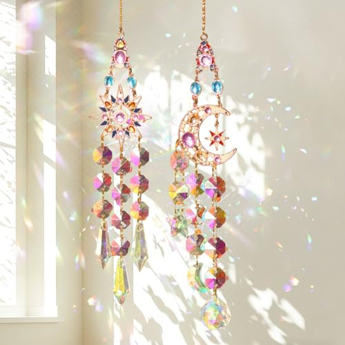 Sonnen und Mond-Lichtfänger 2-teiliger Sonnenfänger Fenster Sun Catcher | Fensterdeko Hängend Whimsical Decor Frühlings Spirituelle Deko für Balkone Fenster Party Garten Deko Geburtstage Festliche