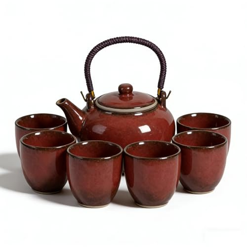 Webao Set da tè cinese in ceramica, 600 ml, teiera e 6 tazze, 120 ml, servizio da tè Kungfu, smalto modificato, teiera asiatica per amanti del tè, rosso