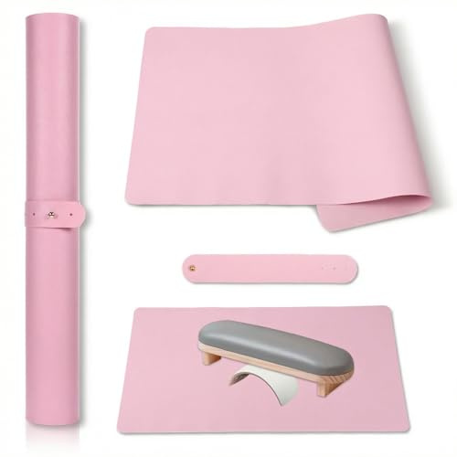 Nail Mat for Table 24 × 12 Inch Portable Nail Pad Soft PU Leather Waterproof Arm Rest Pad Pink Foldable Nails Desk Mat for Table, Manicure at Home or Salon (Mat Only)