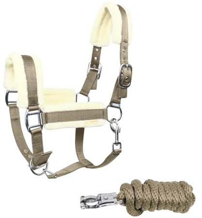JA Horse JA4007 Premium verstellbar Halfter Set Panikhaken, Khaki, Cob | Panikhaken, 3-Fach Verstellung, Führstrick, Weich gepolstertes Stallhalfter, verstellbarem