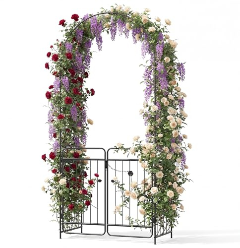 GYMAX Rosenbogen mit Tür, Stabiler Gartenbogen aus Metall, Rankbogen für Kletterpflanzen & Rosen, Blumenbogen Garten inkl. Erdspieße, für Hochzeit Partys, 102 x 49,5 x 223 cm