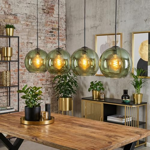 HOFSTEIN Hängeleuchte Koyoto, 4-flammige Hängelampe aus Metall/Glas in Schwarz/Grün, moderne Pendelleuchte im Retro/Vintage-Design (Schirme Ø 25 cm), E27, Esszimmer, Küche, Wohnzimmer