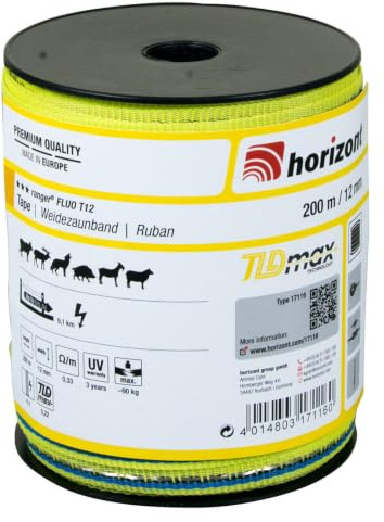 horizont Weidezaunband ranger FLUO T12, 200 m lang, 12 mm breit | Breitband Litze, Weidezaun Strom, Elektrozaun, für mittlere Zäune, 60 kg Bruchlast, Band, Litze Weidezaun