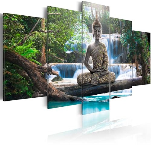 Cuadros B&D XXL - Cuadro de cristal acrílico 200x100 cm Impresión de 5 Piezas Pintura sobre Vidrio Imagen Gráfica Decoracion de Pared Buda Buddha Zen Spa Cascada c-A-0021-k-n