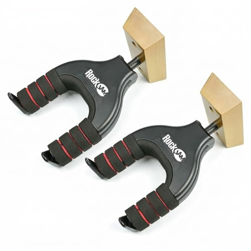 RockJam Paquete de dos - Colgador de guitarra universal para montar en la pared, base de madera, acústico, eléctrico, bajo
