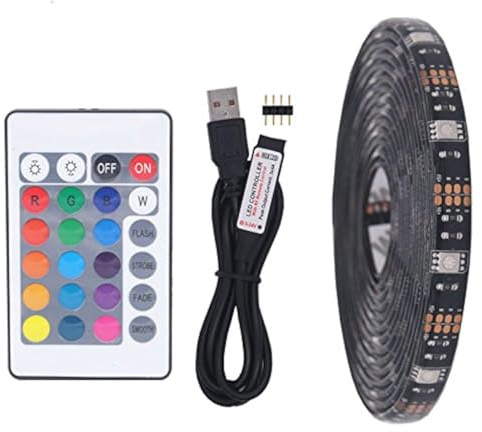 Striscia LED RGB USB, 5 m, 30 LED/m, colore nero, PCB DC 5 V 5050 RGB, con telecomando a 24 tasti per illuminazione di sfondo TV, luce a nastro, luce a corda, nastro decorativo per cucina