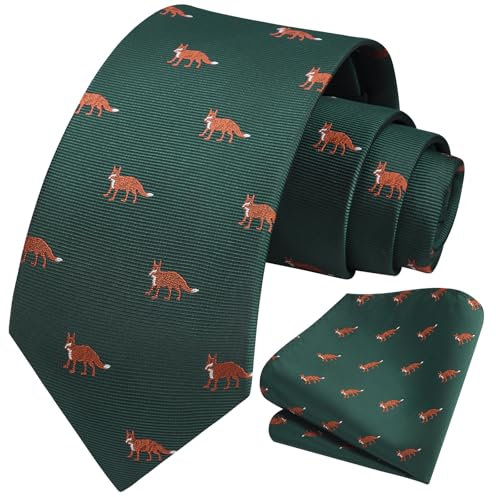 HISDERN Grün Krawatte für Herren Fuchs Hochzeit Taschentuch Business Klassisch Krawatte und Einstecktuch Set