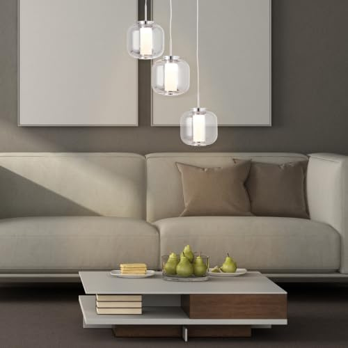 Lightbox 3 flammige Hängelampe - Rondell LED Pendelleuchte mit | Hängelampe 3 flammig Rondell LED Pendelleuchte Glas-Schirm 22cm Durchmesser in der Höhe kürzbar warmweißes Licht 3x 5,67W,